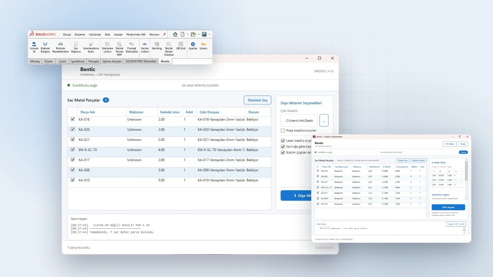 Bentic'in SolidWorks içindeki pencereleri: şerit sekmesi, Açınım Al ve Büküm Parametreleri