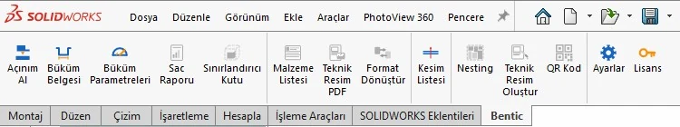 SolidWorks şeridindeki Bentic sekmesi ve tüm modül butonları
